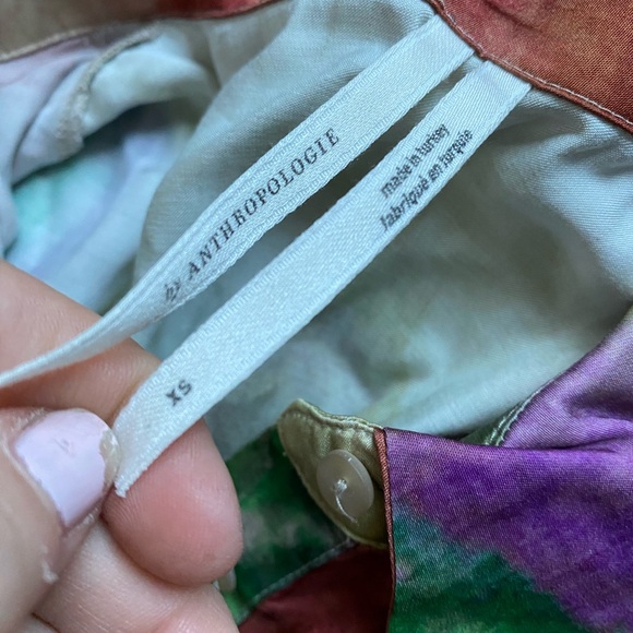 ANTHROPOLOGIE Tie-Waist Satin Shirt Dress in Multicolor Watercolor Print - Picture 4 of 4